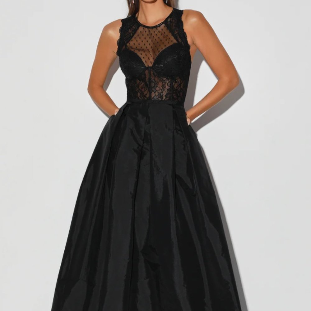 Lulu's Black Lace and Satin Gown
